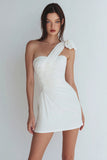 Ivory Satin One Shoulder Ruched Short Bodycon Bridal Shower Dress with Bow