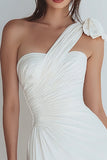 Ivory Satin One Shoulder Ruched Short Bodycon Bridal Shower Dress with Bow