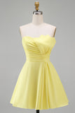 Yellow A-Line Strapless Ruched Short Cocktail Dress