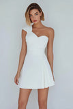 Ivory One Shoulder Satin Ruched Short A-Line Bridal Shower Dress