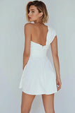 Ivory One Shoulder Satin Ruched Short A-Line Bridal Shower Dress
