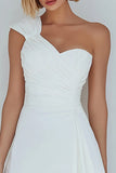 Ivory One Shoulder Satin Ruched Short A-Line Bridal Shower Dress