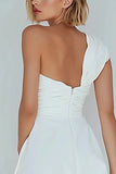Ivory One Shoulder Satin Ruched Short A-Line Bridal Shower Dress