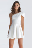 Simple Ivory Satin One Shoulder Short A-Line Bridal Shower Dress
