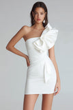 Ivory One Shoulder Satin Short Tight Bridal Shower Dress with Ruffles