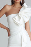 Ivory One Shoulder Satin Short Tight Bridal Shower Dress with Ruffles