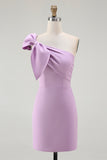 White Satin One Shoulder Mini Bodycon Graduation Dress with Bow