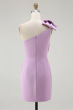 White Satin One Shoulder Mini Bodycon Graduation Dress with Bow