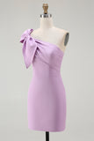 One Shoulder Mini Bodycon Satin Purple Party Dress with Bow