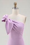 One Shoulder Mini Bodycon Satin Purple Party Dress with Bow