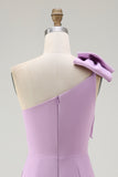 One Shoulder Mini Bodycon Satin Purple Party Dress with Bow