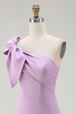 One Shoulder Mini Bodycon Satin Purple Party Dress with Bow