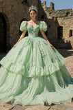 Princess Light Green Puff Sleeves Tulle Appliqued Quinceanera Dress with Ruffles