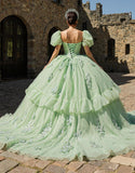 Princess Light Green Puff Sleeves Tulle Appliqued Quinceanera Dress with Ruffles