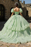 Princess Light Green Puff Sleeves Tulle Appliqued Quinceanera Dress with Ruffles