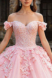 Pink Tulle Off the Shoulder Appliqued Princess Quinceanera Dress with Bow