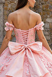 Pink Tulle Off the Shoulder Appliqued Princess Quinceanera Dress with Bow