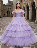 Sparkly Lilac Off the Shoulder Ruffled Tulle Princess Quinceanera Dress with Bow