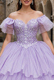 Sparkly Lilac Off the Shoulder Ruffled Tulle Princess Quinceanera Dress with Bow