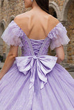 Sparkly Lilac Off the Shoulder Ruffled Tulle Princess Quinceanera Dress with Bow