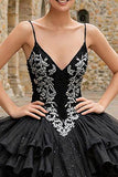 Glitter Black Spaghetti Straps Ruffled Tulle Princess Quinceanera Dress with Appliques