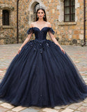 Sparkly Navy Off the Shoulder Princess Tulle Quinceanera Dress