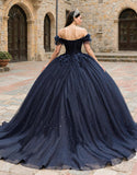Sparkly Navy Tulle Off the Shoulder Princess Corset Appliqued Quinceanera Dress