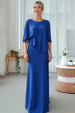 Royal Blue Chiffon A Line Maxi Flowy Wedding Guest Dress with Ruffles
