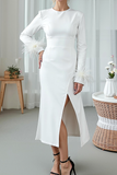 White Sheath Round Neck Midi Formal Dress with Feathers