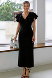 Hot Pink Sheath V-Neck Ruffled Maxi Wedding Guest Dress with Slit