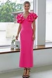 Hot Pink Sheath V-Neck Ruffled Maxi Wedding Guest Dress with Slit