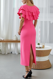 Hot Pink Sheath V-Neck Ruffled Maxi Wedding Guest Dress with Slit