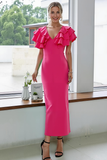 Hot Pink Sheath V-Neck Ruffled Maxi Wedding Guest Dress with Slit