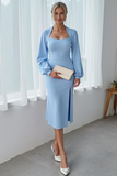 Sky Blue Sheath Midi Wedding Guest Dress with Sleeves