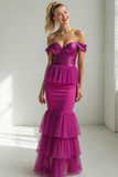 Sparkly Fuchsia Purple Sequins Mermaid Tiered Maxi Evening Dress