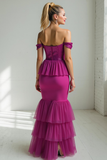 Sparkly Fuchsia Purple Sequins Mermaid Tiered Maxi Evening Dress