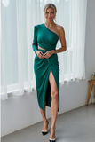 Dark Green Sheath One Shoulder Midi Wedding Guest Dress with Slit