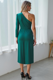 Dark Green Sheath One Shoulder Midi Wedding Guest Dress with Slit