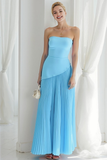 Sky Blue Strapless A Line Pleated Long Wedding Guest Dress