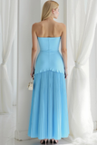 Sky Blue Strapless A Line Pleated Long Wedding Guest Dress
