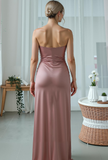 Dusty Rose Satin Sheath Strapless Long Bridesmaid Dress with Slit