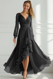 Grey Green A Line V-Neck High Low Wedding Guest Dress with Ruffles