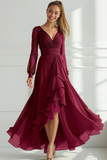 Purple A Line V-Neck Long Ruffled Wedding Guest Dress with Slit