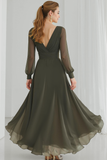 Grey Green Tulle A Line V-Neck High Low Wedding Guest Dress with Ruffles