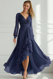 Grey Green A Line V-Neck High Low Wedding Guest Dress with Ruffles