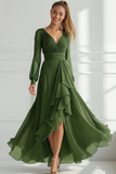 Purple A Line V-Neck Long Ruffled Wedding Guest Dress with Slit