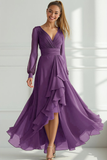 Purple A Line V-Neck Long Ruffled Wedding Guest Dress with Slit