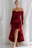 Ivory Satin A Line Off the Shoulder High Low Wedding Reception Dress