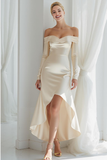 Ivory Satin A Line Off the Shoulder High Low Wedding Reception Dress