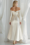 Ivory Satin A Line Off the Shoulder High Low Wedding Reception Dress